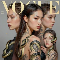 3 d, close - up, fashion model with snake tattoo, vogue cover style, poster art, high detail, intricate oil painting, multiple exposure, hyperrealism, 3 d, by tooth wu and wlop and beeple and greg rutkowski