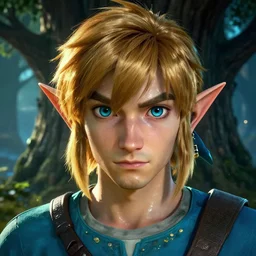 cinematic shot of an epic portrait of link and the deku tree, shiny skin, beautiful eyes, beautiful, small details, night setting, realistic poster with volumetric light from craig mallism, artgerm, jeremy lipkin and michael garmash, unreal engine, radiant light, detailed and complex environment, digital art, trends at art station, a masterpiece