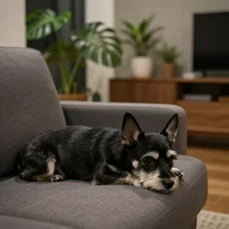 a small black dog, white face, lying down on a sofa, house plants and wood furniture in the background, modern house, indoors, dim light, photograph, 4 k, shot on iphone, for a catalogue, blurry background