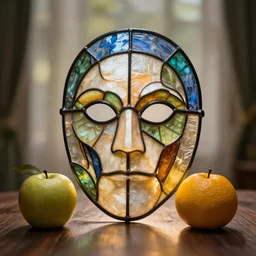 doctor doom's mask, with fruit. still life in stained glass