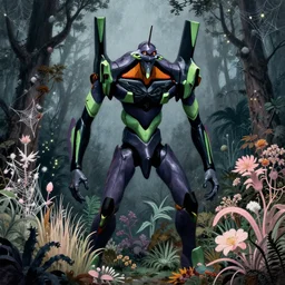 grainy risograph matte painting, dark bejeweled wealthy gigantic huge evangelion - like mecha, black, a lot of exotic vegetation, trees, flowers, tall grass, pastel matte colors, staying in the foggy huge dark night forest covered with web and cotton and a lot of glow - worms, by moebius, chesley bonestell and tim white, hyperrealism,