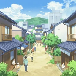 beautiful anime background of japanese modern town at day, people doing daily tasks, aesthetic, beautiful, drawing, anime color palette, sky view
