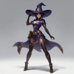 A pretty female league of legends character, fullbody art, wearing witch hat, character concept, dynamic posing, solo, 8k, full body, trending on artstation