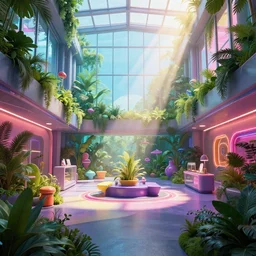 vaporwave mall, liminal space, high detail, rendered in unreal engine, 3d render, god rays, volumetric lighting, large windows, vegetation
