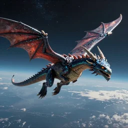 cinematic shot of an alien dragon flying in outer space, Dan Seagrave art