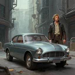 moebius and ralph mcquarrie style, vintage car in a narrow street, retro futuristic sci - fi, blade runner 2 0 4 9, scale, wires on buildings, star wars, painting, movie, digital painting, artstation, concept art, matte, sharp focus