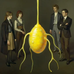 human amoeba by norman rockwell and gil elvgren and magali villeneuve and gerald brom and greg rutkowski, chiaroscuro!!, opaque yellow liquid, floating, tendrils, ooze, hyperrealism, surrealism