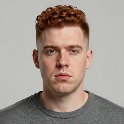 A british man with a wide face as well as semi big lips and a ginger brown fade with uptop curly hair, in a grey sweater, 4k resolution, 8k resolution, HD Quality, highly detailed, very detailed, detailed, studio quality lighting, digital art, trending on artstation, front face, front view