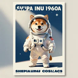 Shiba Inu cosmonaut,  60s poster, in the style of a music poster 1960s