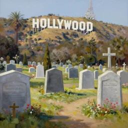 beautiful aesthetic inspirational digital oil painting of hollywood forever cemetery, by greg rutkowski, ultra detailed, fine details, trending on artstation, volumetric light.