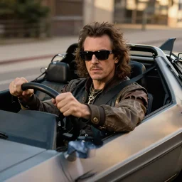 anton lavey driving a delorean
