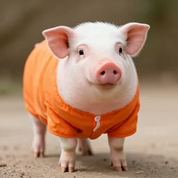 cute mini pig wearing orange inmate clothes