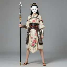 full - bodied portrait, female changeling wearing rose - patterned eastern light armor, wielding a halberd with intricate decorations, sandals, barefoot, geisha mask, realistic proportions, reasonable fantasy, east asian fantasy.