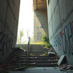a stylized 2 d cinematic keyframe of a post - apocalyptic concrete stairs, graffiti, remains covered in nature, debris, abandoned, neutral tones, joy gaze, cel - shaded, classical animation, edge - to - edge print, rendered by studio ghibli, artgerm, alyssa monks, andreas rocha, david kassan, neil blevins, rule of thirds, golden ratio, ambient