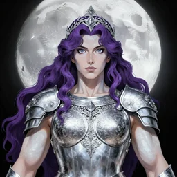 portrait of broad shouldered mighty prophetess of the moon, silver filigree armor and tiara, silver shoulder pauldrons, moon above head, purple wavy hair, translucent skin, wide striking eyes, beautiful! coherent! by brom, by junji ito, strong line, high contrast, muted color