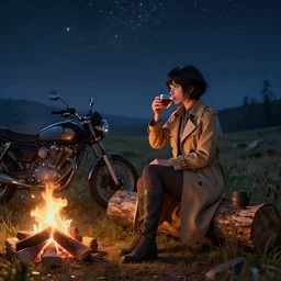 A Z-brush octane render of a girl with short black hair and green eyes in a tan trenchcoat sitting on a log and drinking tea by the campfire by her motorcycle at night under the stars, elegant scene, beautiful landscape in the background, wide angle, cinematic lighting, atmospheric, ultrarealistic, trending on artstation, cgsociety, highly detailed, color graded, in the style of craig mullins, rendered in Unreal Engine 4k HQ, horizon forbidden west