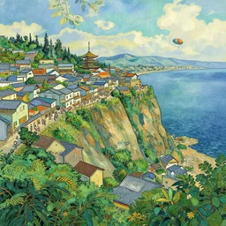 japanese cape dutch architecture busy city on a cliff by the sea side, nice view, airships, dense foliage poster art by van gogh kim jung giu and weta studio, and lucasfilm and jesper ejsing and norman rockwell greg rutkowski frank frazzeta