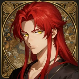 portrait of hisoka morow hunter hunter, male, sharp jaw yellow eyes narrow sultry eyes red hair soft hair swept back crimson medium length hair, anime, fantasy, intricate, elegant, highly detailed, digital painting, artstation, concept art, matte, sharp focus, illustration, art by artgerm and greg rutkowski and alphonse mucha