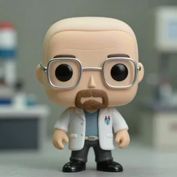beautiful three point perspective film still of funko pop walter white lab in breaking bad, extreme closeup portrait in style of frontiers in miniature porcelain photography fashion medical lab edition, miniature porcelain portrait, eye contact, tilt shift style scene background, soft lighting, kodak portra 4 0 0, 8 k, macro, cinematic style by emmanuel lubezki