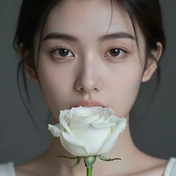hight focus of a wonderful realistic sweet wonderful symmetrical portrait of a lady with a clear skin that is eating a realistic white rose, dramatic light, cinematic, artstation, octane render 8 k s 1