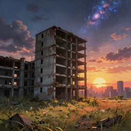 a beautiful photorealistic painting of abandoned nature urbex unfinished building building city penitentiary industrial architecture by antoni gaudi, sunlight anime landscape sunset magic realism tokyo at dusk meadow dramatic lighting extraterrestial desert galactic rain with sun liberty city cgsociety, archdaily, wallpaper, highly detailed, trending on artstation.
