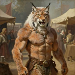 An award winning oil painting of upper body of a cool looking and happy muscular lynx beast-man with white mane and brown body fur at a bustling medieval market. He has long and pointy tail. He is wearing tribal clothing. Renaissance style lighting. Trending on artstation