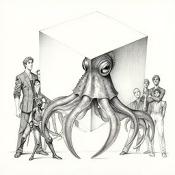 ink drawing cube squid goliath by virgil finlay, alberto bontempi, shigeru komatsuzaki, wayne d barlowe, alex ross, enric torres, simon bisley & boris vallejo, hyper rugated, cinematical, narrative light, muted colors, epic, hyper detailed, awe inspiring, award winning horror,