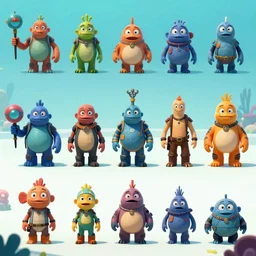 a lineup of character designs for new psychic characters with varying shapes and sizes and inspired by deep sea fish for the psychonauts video game franchise by double fine tim Shafer, high resolution
