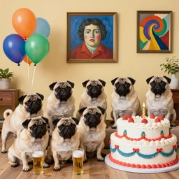 pugs crazy party with beers, balloons and giant cakes, painted by botero and kandinsky
