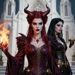 marriage between evil female pyromancer and female necromancer, steampunk, unholy, white church background, detailed face, sharp focus, highly detailed, cinematic lighting, studio quality, colorful, smooth render, unreal engine 5 rendered, octane, rendered, by artgerm, greg rutkowski, alphonse mucha