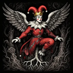 King of Fools, With a Jesters crown, Wings lift him up, Roots hold him down, detailed intricate ink illustration, dark atmosphere, detailed illustration, hd, 4k, digital art, overdetailed art, concept art, by greg rutkowski, by loish, complementing colors, Trending on artstation, deviantart