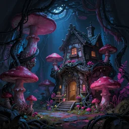 concept art painting of a interior of a cozy alien fantasy cottage made of mushrooms and fungus, with black vines and magenta houseplants, blue and magenta light, realistic, detailed, cel shaded, dark, in the style of makoto shinkai and greg rutkowski and james gurney