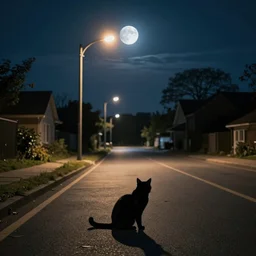 a black cat in the middle of a road with streetlight at mid night with the moon in the back. Made by Jason Degraaf, Edward Hopper, Don Eddy. Hyper realistic, unreal 5, artstation, high detail.
