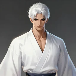 a highly detailed illustration of fierce short white haired attractive young japanese man wearing white hakama, black sclera! eyes, dramatic serious pose, muscular, intricate, elegant, highly detailed, centered, digital painting, artstation, concept art, smooth, sharp focus, league of legends concept art, wlop