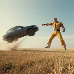 landscape, long shot of far, distant vin diesel as saitama! punching!!! a car!!!!!! into space, hyperrealism, trending on artstation