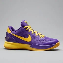 nike brand basketball shoes, purple and yellow color, low heel, designed for kobe, trending to artstation, highly detailed