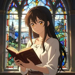 anime very very very very very very beautiful cute anime girl hoding book in hands, stained glass window medieval louis comfort tiffany