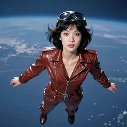 ektachrome, telephoto, highly detailed : incredibly realistic, youthful asian demure floating in space, exquisite features, feminine cut, photo 1 9 7 0 s frontiers in flight leather suit cosplay fashion, boris vallejo, mario testino
