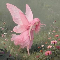 a beautiful pink fairy with large wings and flowing hair exploring her lonely flower garden by herself in the style of tom bagshaw, extremely detailed, muted colors