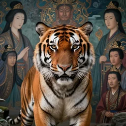 portrait of tiger, medium closeup, cinematic light, hyper detailed design, iceland mythology, fumo yoshitoshi, ren jing jeong, feifei ruan, peter mohrbacher,, biomehieronymus spang, arunanondchai, murals