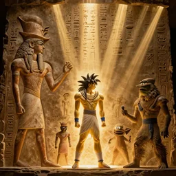 an 8 k hi res well lit dynamic volumetric lighting god rays 8 0 mm photo of hieroglyphics of zardoz and goku and orcs and jim henson