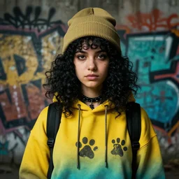 highly detailed portrait of a sewer punk student lady with trendy hoody and khaki beanie hat and black curly hair by atey ghailan, james gilleard, by joe fenton, by greg rutkowski, by greg tocchini, by kaethe butcher, 4 k resolution, gradient yellow, black, brown and cyan color scheme, grunge aesthetic!!! ( ( dystopian graffiti tag wall in background ) )