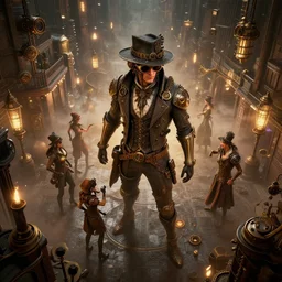 Steampunk times square during new year's eve, Enki Bilal style, zenith view, 3d scene, render, volumetric fog, Ray tracing