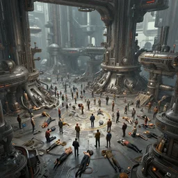 many humans fall flat, concept art, huge sci - fi facility, intricate details, trending on artstation, octane render, art by ruan jia, peter mohrbacher, syd mead,
