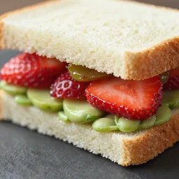 a 5 0 mm macro shot of a strawberry and bean sandwich