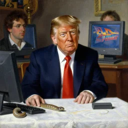 baroque oil painting of donald trump in a scene from back to the future 2 ( 1 9 8 9 ), painted by greg rutkowski cushart krentz jeremy mann, dune sandworm, computer screens, hdr, front view, close up shot, soft lighting, elegant, morandi color scheme, white embroidered tablecloth, baroque style