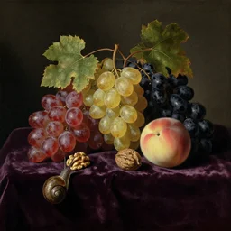 a painting of fruits on a velvet fabric on a table : red, yellow and black grapes, covered in grape vines, peaches, walnuts, a snail, a still life, by jan davidsz. de heem, dark ligh, pixabay contest winner, baroque, chiaroscuro, oil on canvas, flemish baroque