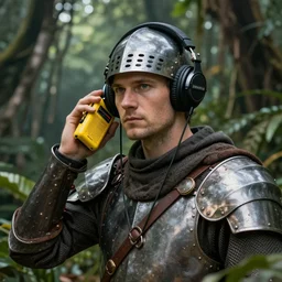 portrait of a mediaval warrior listening music with headphones and a yellow walkman, jungle in the background, poster art by daniele caruso, benediktus budi, jason edmiston, vc johnson, powell peralta, volumetric light, foggy ambience