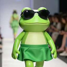 fashion show with a cute smiling green tree frog with sunglasses, dressed in a green skirt, photo realistic, matte image