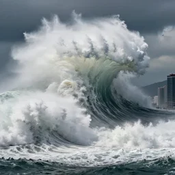 giant mega tsunami wave about to crash over hong kong, cinematic shot, hyper realistic, dramatic light,